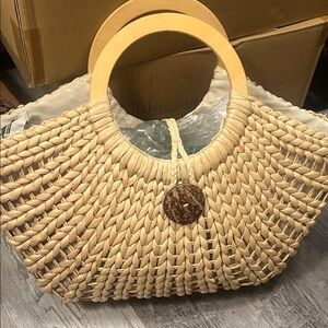 Natural Woven Straw Tote with Wooden Handles